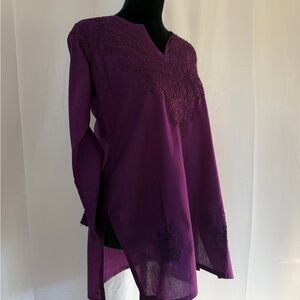 Vivid Plum Purple Embroidered Indian Cotton Women's Tunic Top